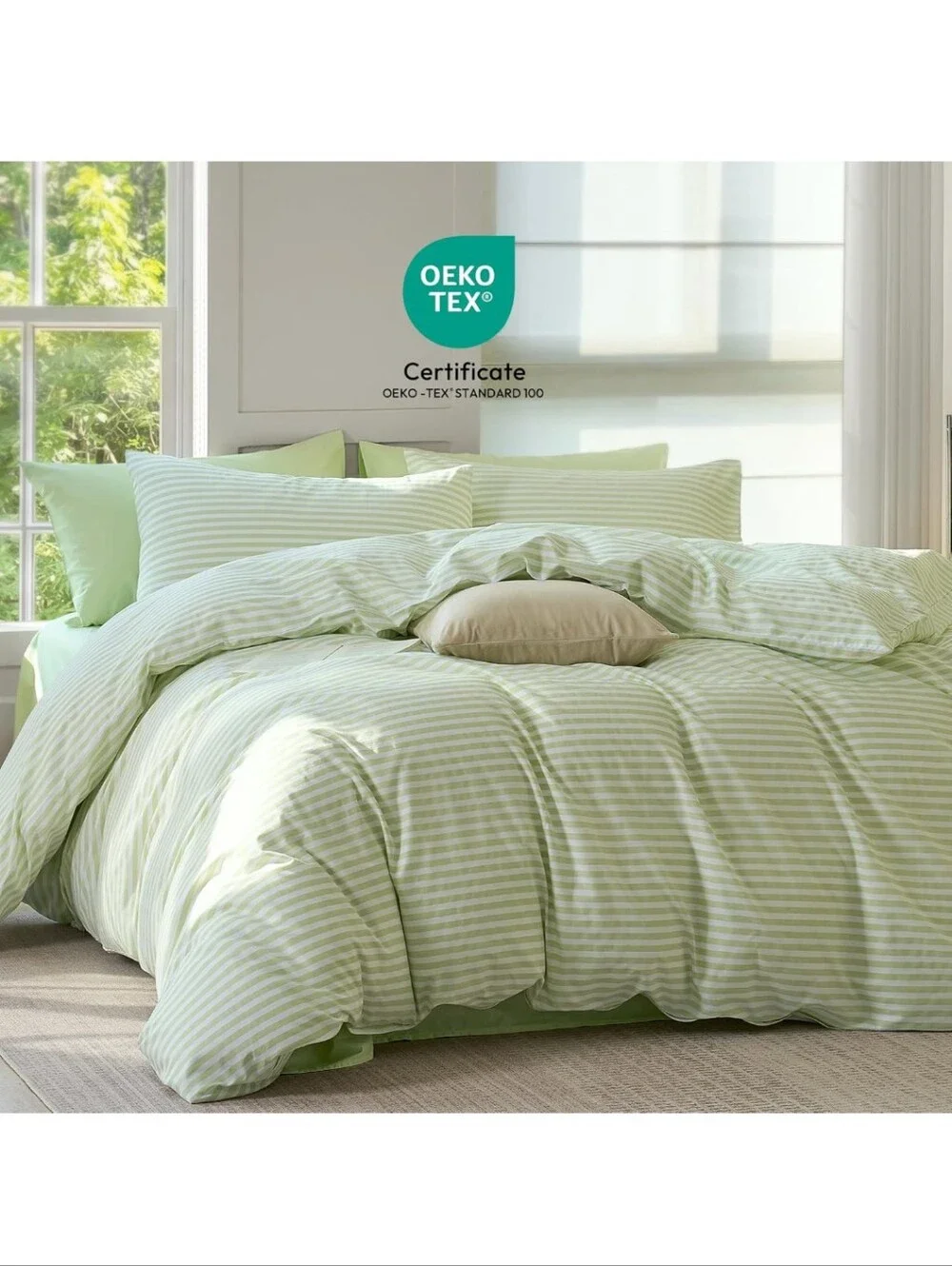 JELLYMONI Striped Duvet Cover Set - Full Size Comforter Cover Classic Sage Green